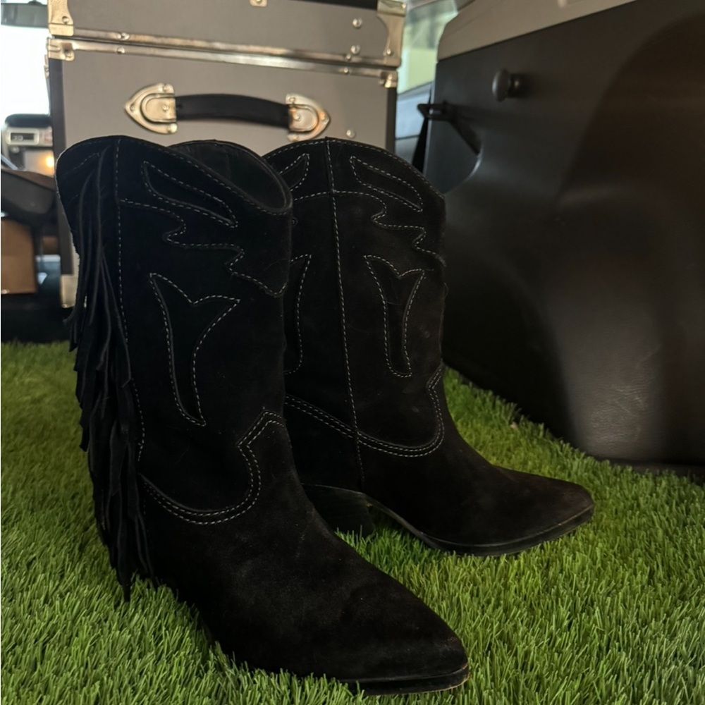 Dolce Vita Western Liona Fringe suede black heeled Cowgirl boots